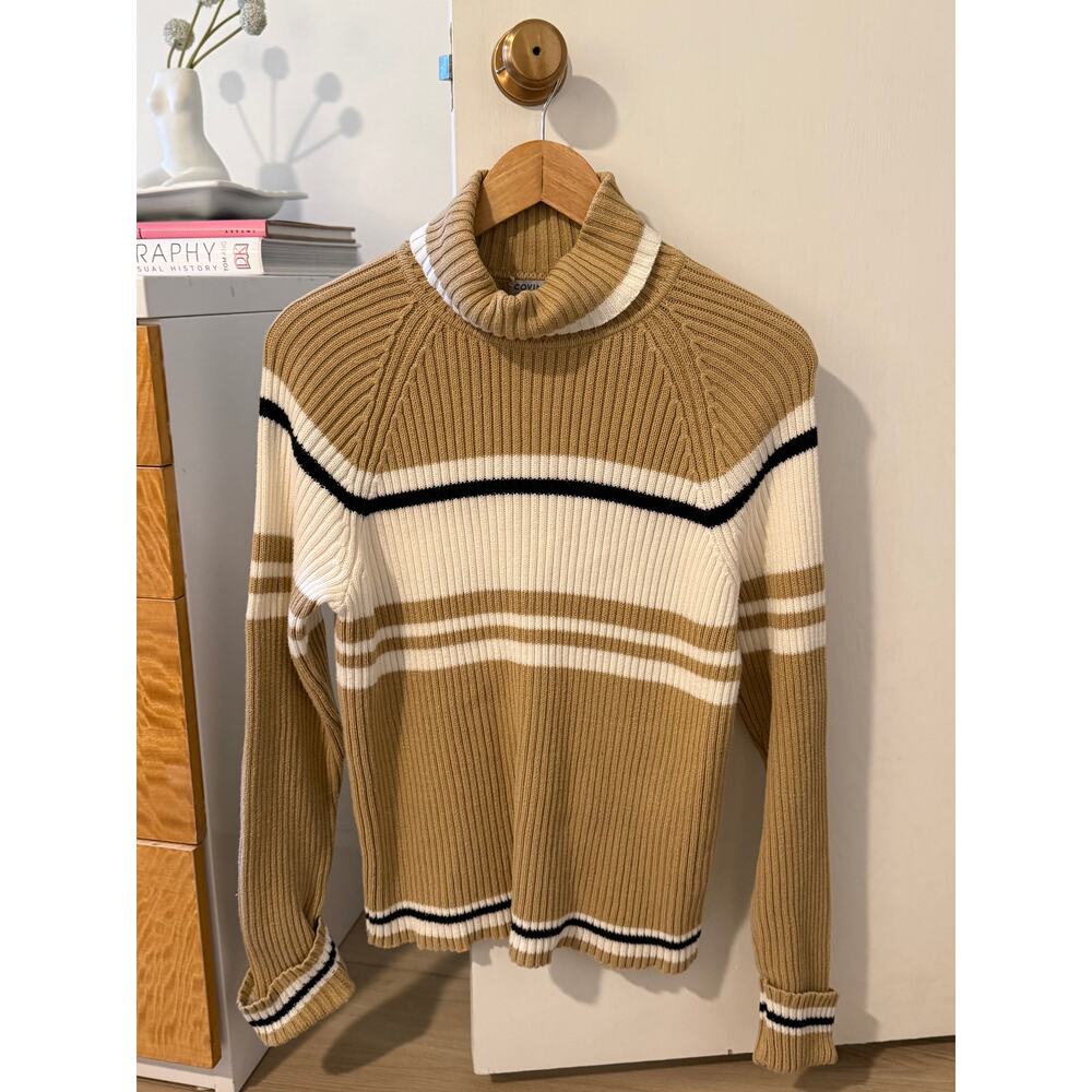 Striped Turtleneck Sweater Neutral Brown Cream Cozy Minimalist Winter Knit‎ ✨